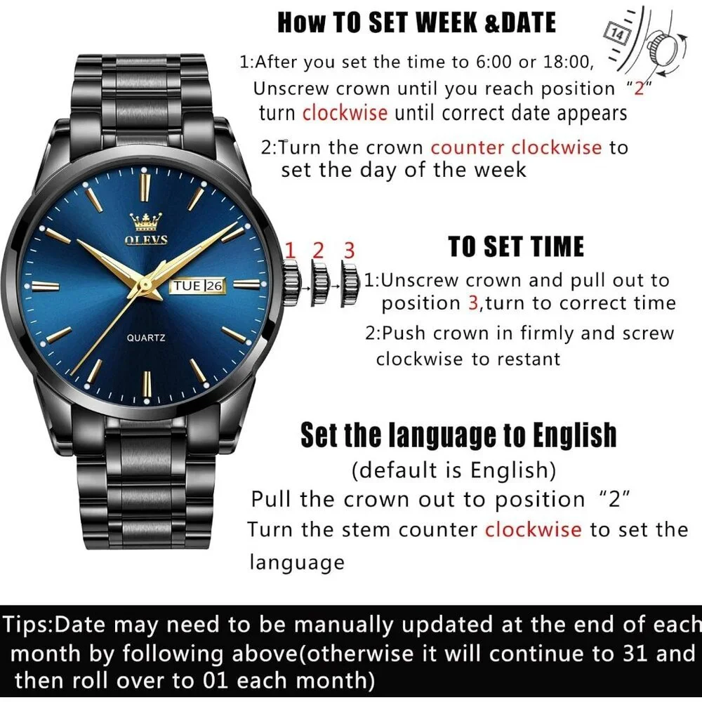 Olevs Men's Black Steel Blue-Dial Waterproof Stainless Luminous Stylish Watch